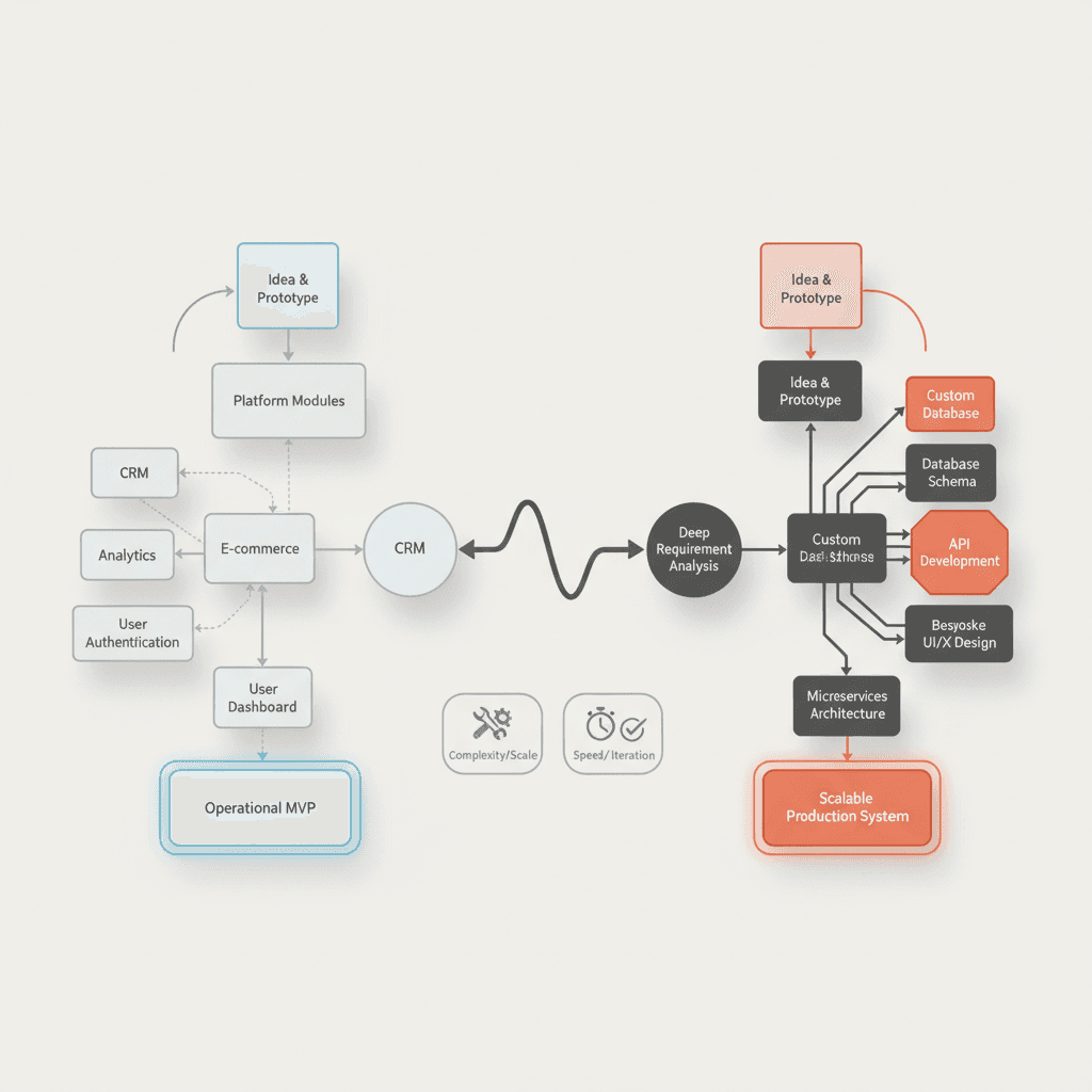 Startup Portal vs No-Code Stack architecture diagram visual