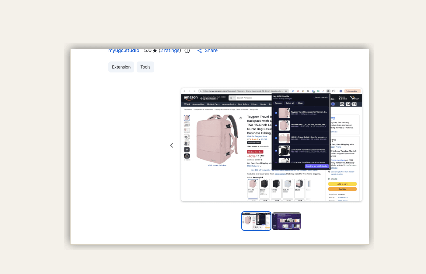 MyUGC Browser Extensions workflow screen