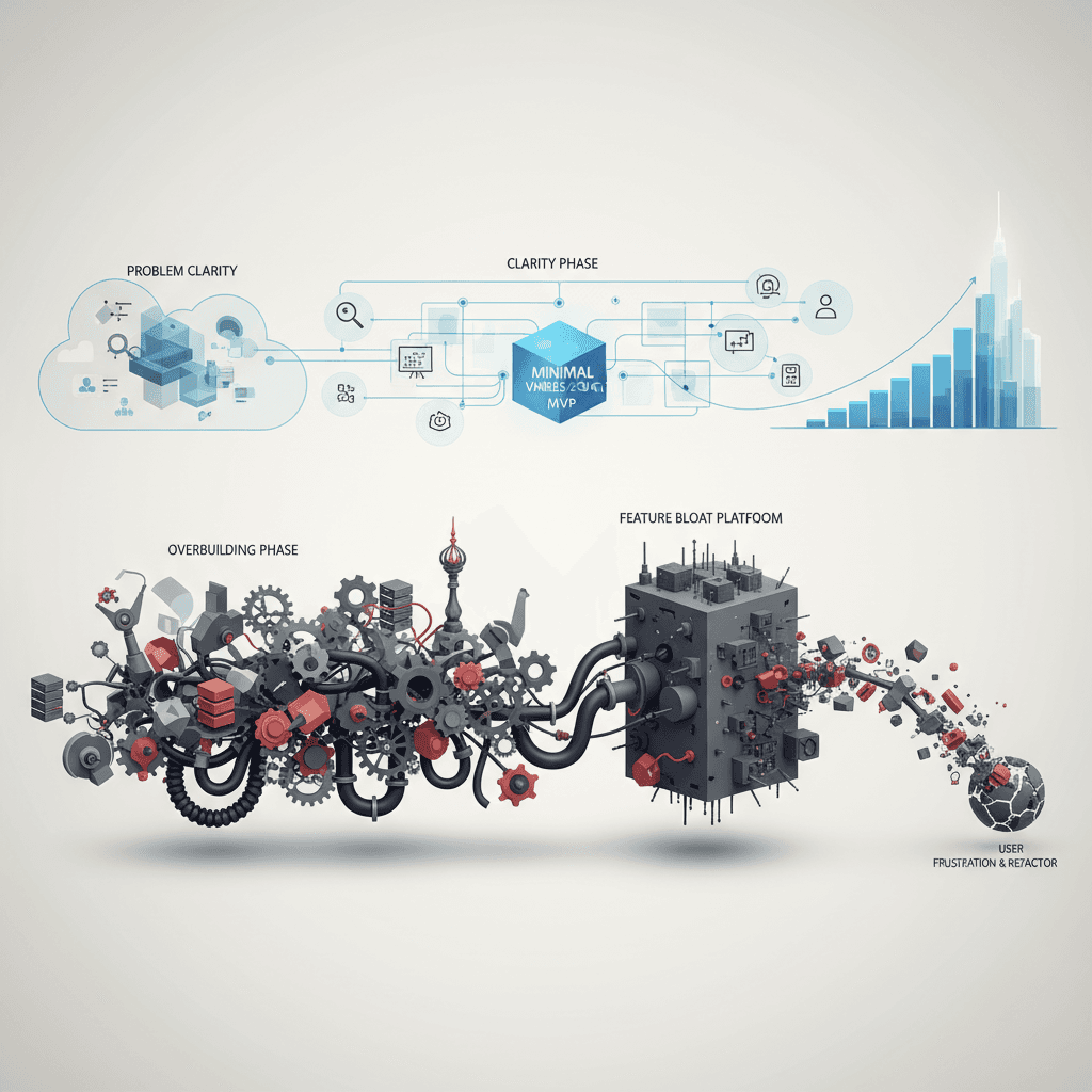 Why founders overbuild too early architecture diagram visual