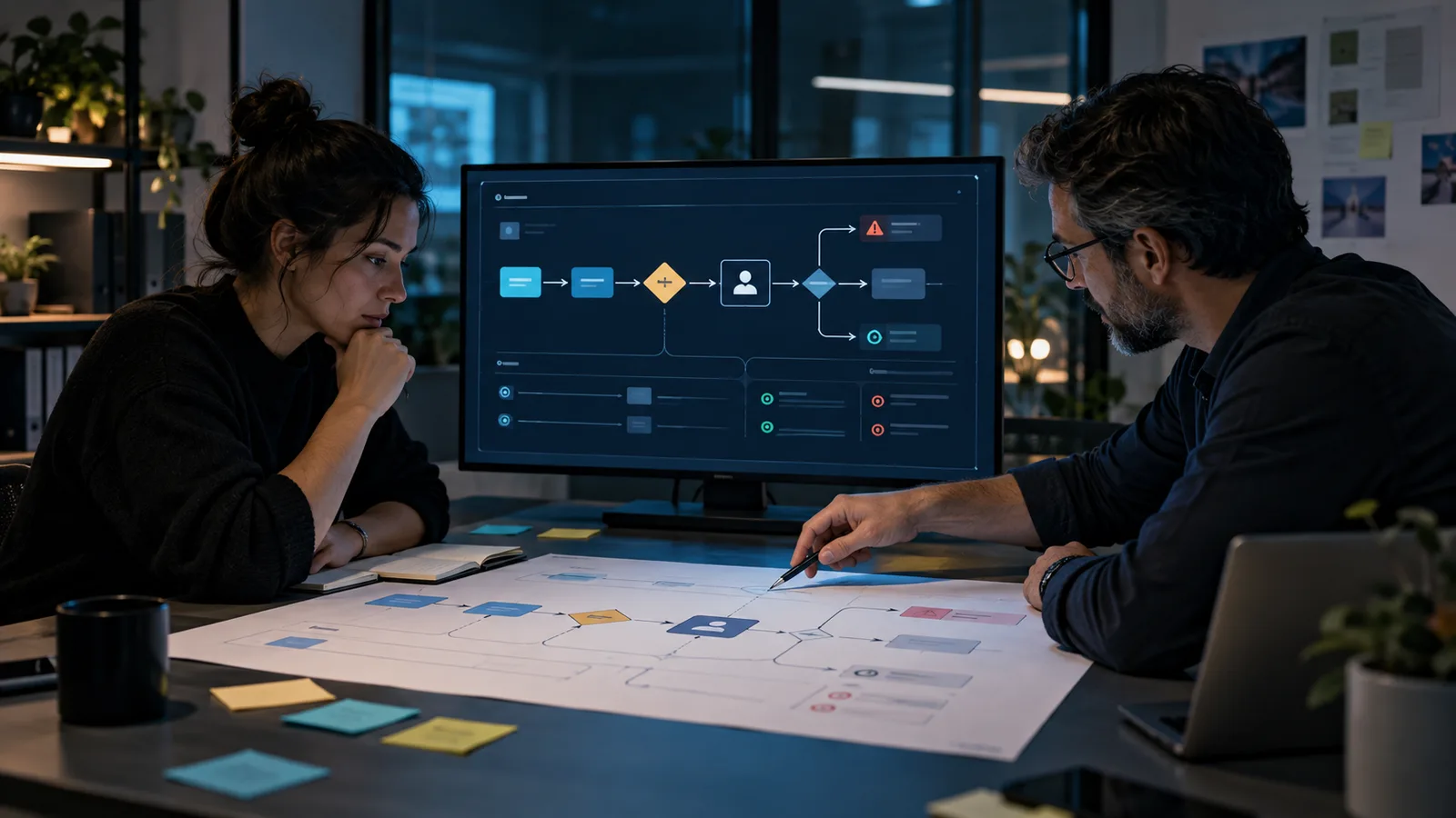 Two operators reviewing approval gates and exception paths in an AI-assisted workflow