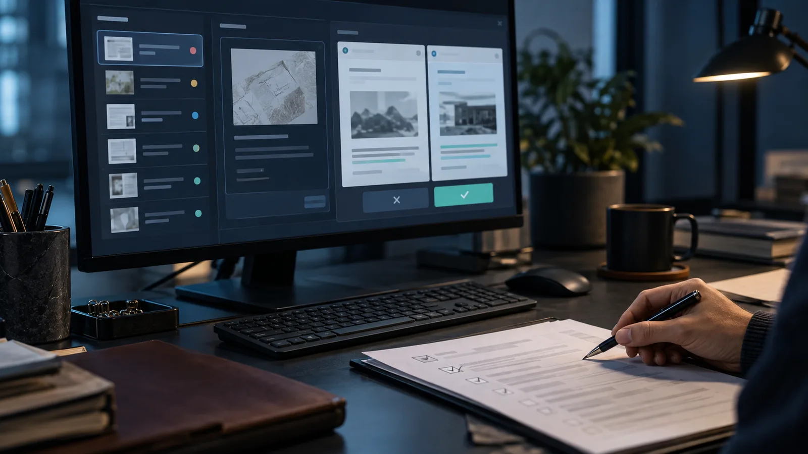 An operator reviewing evidence and exceptions before approving an AI-assisted workflow result