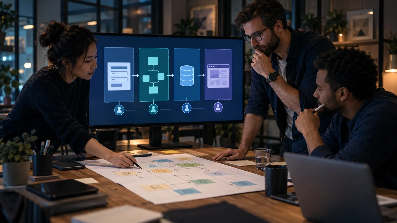 Ein Startup-Team vergleicht Formulare, Workflow-Tools, einen gemeinsamen Datensatz und eine Portalarchitektur